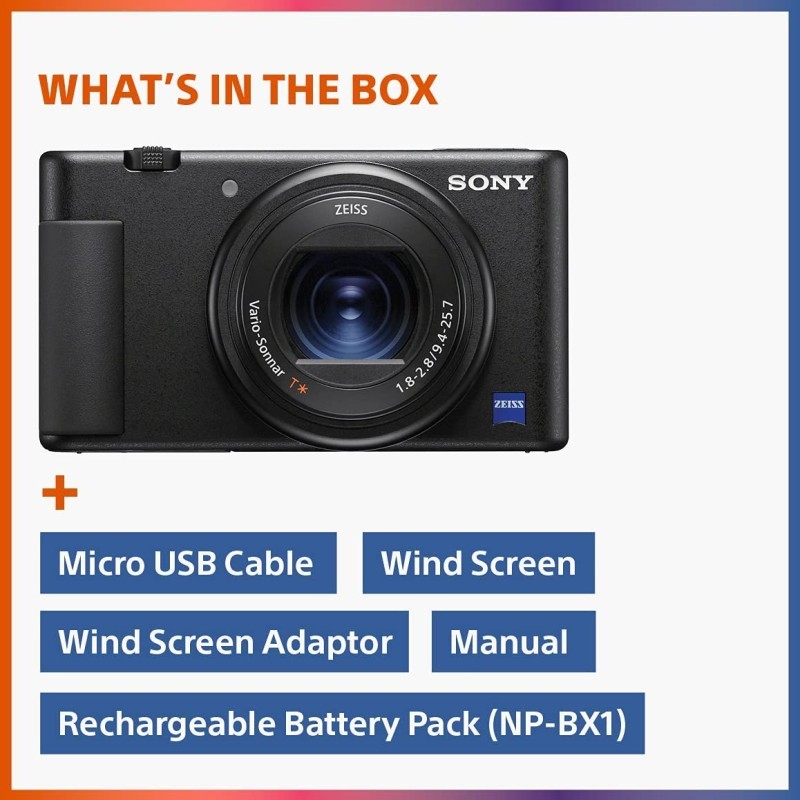 Sony 索尼ZV-1 数码相机,内容创作者 Vlogging和YouTube 带翻转屏幕,内置麦克风,4K HDR 视频,触摸屏显示,实时视频流,网络摄像头