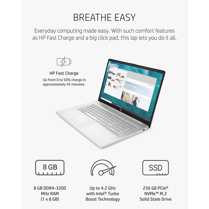 HP 惠普17笔记本电脑、第 11 代 IntelCore i5-1135G7、8 GB RAM、256GBSSD 存储、17.3英寸HD+ 显示屏、Windows 10 Home、防眩光屏幕、长电池寿命、网络摄像头和双麦克风